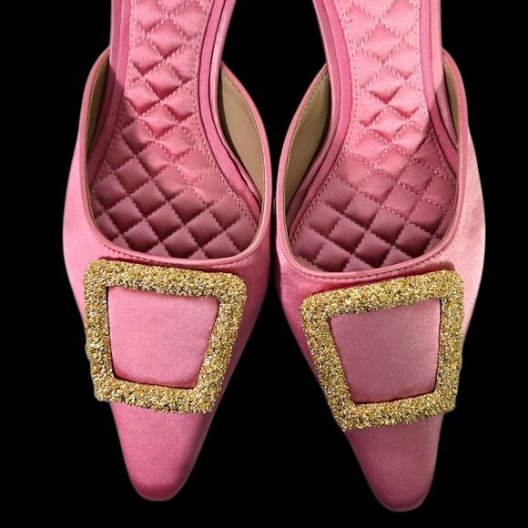 Sam Edelman Brit Satin Mule Pink Pointy Embellished Buckle Quilted Kitten Heel 8 - Picture 10 of 15